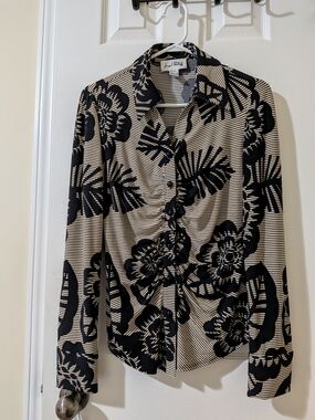 Joseph Ribkoff Black and Cream Button-Down Floral Print Top